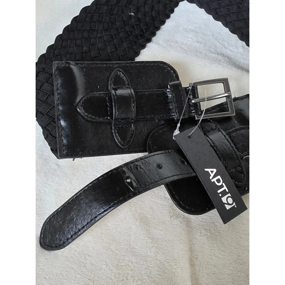 Apt. 9 Womens Black Woven Stretch Belt Wide Elastic Faux Leather Trim S/M